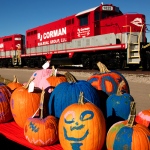 Painted pumpkins with an R J Corman train in the background